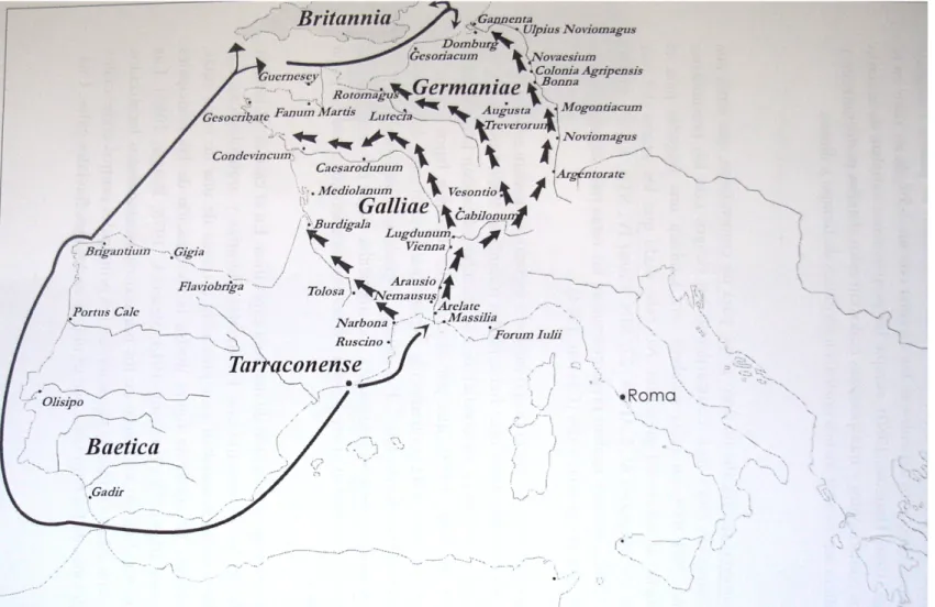 Mapa 1 - Rotas de acesso à Britannia (CARRERAS MONFORT, 2000, 206)