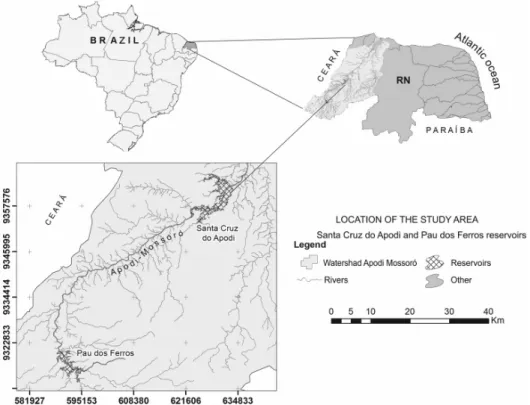 Figure 1. Study area location of the and collection points in the Santa Cruz do Apodi and Pau dos Ferros reservoirs  in Rio Grande do Norte state, brazilian northeastern.