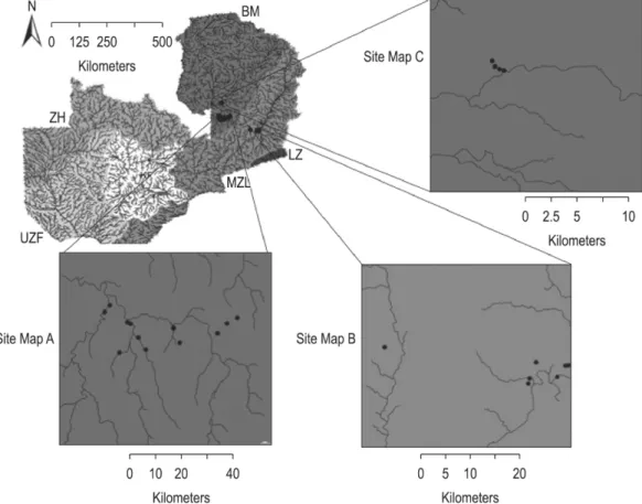 Figure 1. Map of Zambia with sampling sites shown in greater detail in additional sub site maps