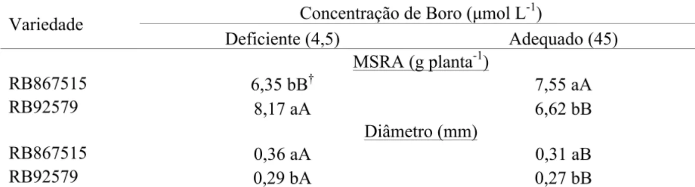 Tabela 3. Desdobramento da interação dos fatores para matéria seca (MSRA) e diâmetro de  raiz de variedades de cana-de-açúcar submetidas a concentrações de boro na solução nutritiva  por 100 dias