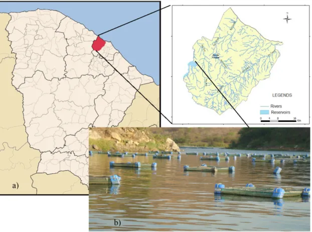 Figure 1. a) Geographic location of Sítios Novos reservoir in Caucaia, Ceará, Brazil; b) fish farming in Sítios Novos  reservoir.