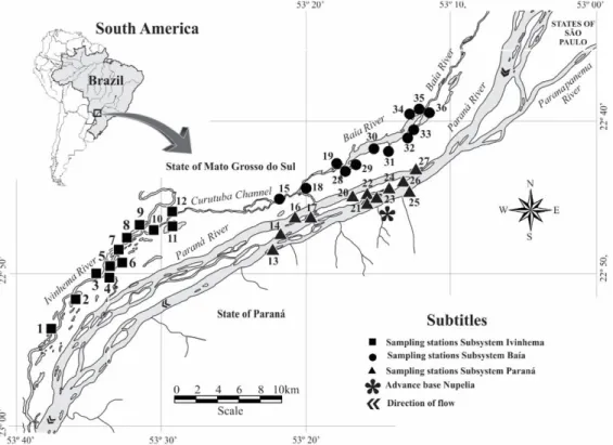 Figure 1. Sampled habitats in the Upper Paraná River floodplain. 1. Peroba L.; 2. Ventura L.; 3