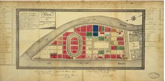 Figura 4 – Distribuição das atividades na península Perrache, em 1828  (fonte: http://www.lyon-confluence.fr/)