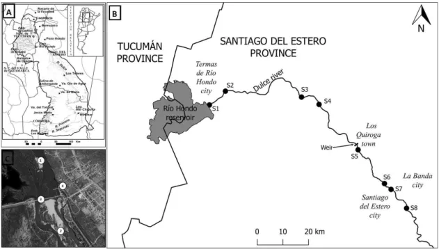 Figure 1. Study area. (A) Salí-Dulce basin map (Source: Salí-Dulce Basin Committee); (B) Location of sampling  sites (S1-S8); (C) Weir location detail, satellite photography (August 2014, Google Earth)