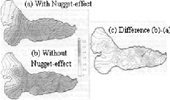 Figure 1:  The OK interpolation of a Swedish glacier mass with and without  the nugget-effect 
