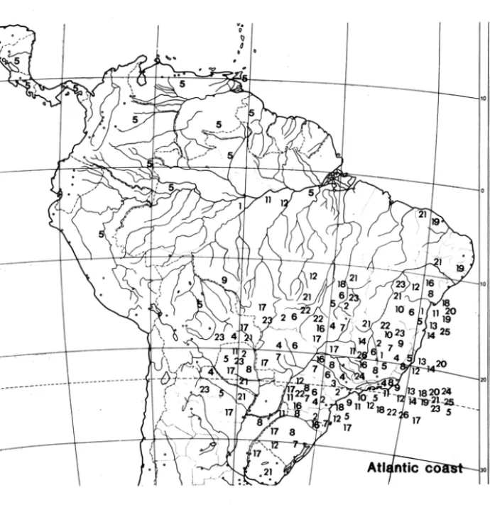 Figure 2  - Serjania spp. distributed along the Atlantic Coast  (see appendix 2 for legend) 
