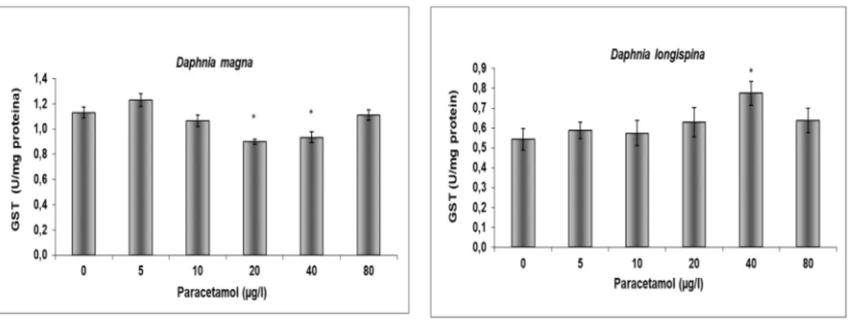 Fig. 6. Actividade das glutationa S-transferases quantificadas em D. magna e D. longispina após  exposição aguda (48h) ao paracetamol, U=nmol/min, n= 5, barras de erro correspondem a erro  padrão e * representa diferenças estatisticamente significativas (t