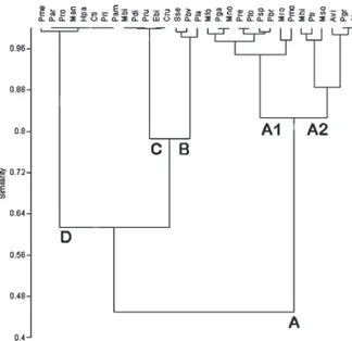 Fig. 2 - Cluster analysis (UPGMA - Bray-Curtis), similarity between  the relative occurrence and abundance of species obtained in  association with Schizoporella unicornis in Ubatuba, southeastern  Brazil