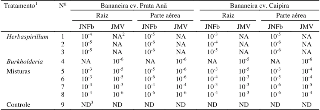 TABELA 2. Diluições máximas com crescimento de bactérias diazotróficas em meios semi-sólidos JNFb e JMV de amostras de raízes e partes aéreas de bananeiras das cultivares Prata Anã (experimento 1) e Caipira (experimento 2) subordinadas aos tratamentos com 