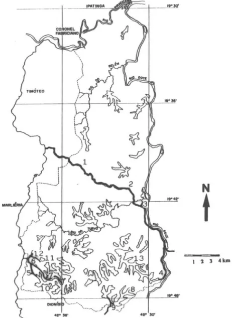 Figura  I.  Mapa  do  Parque  Estadual  do  Rio  Doce  - MG,  limitado  ao  norte  pelo  rio  Piracicaba,  a  leste  pelo  rio  Doce,  à  oeste  e  sul  pela  linha  tracejada