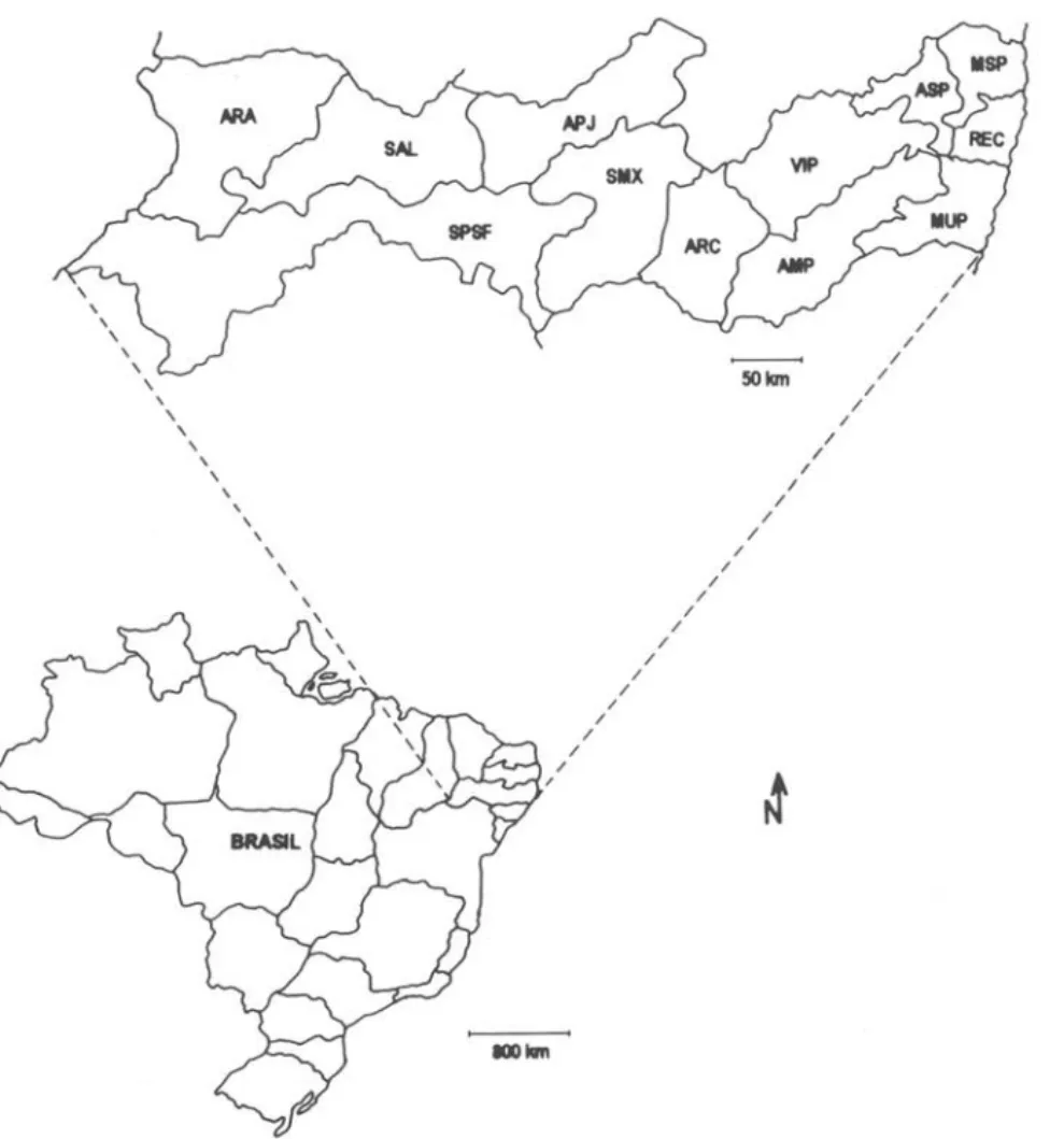 Figura 1.  Estado de Pernambuco e as microrregiões geográficas. ARA - Araripina; SAL - Salgueiro; SPSF  - Sertão Pernambucano do São Francisco; AP] - Alto Pajeú; SMX - Sertão do Moxotó; ARC - Arcoverde; 