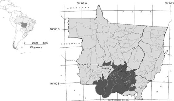 Figure 1.  Map of South America, Brazil and Mato Grosso State, with investigated municipalities shaded, showing geographical location of the studied area.