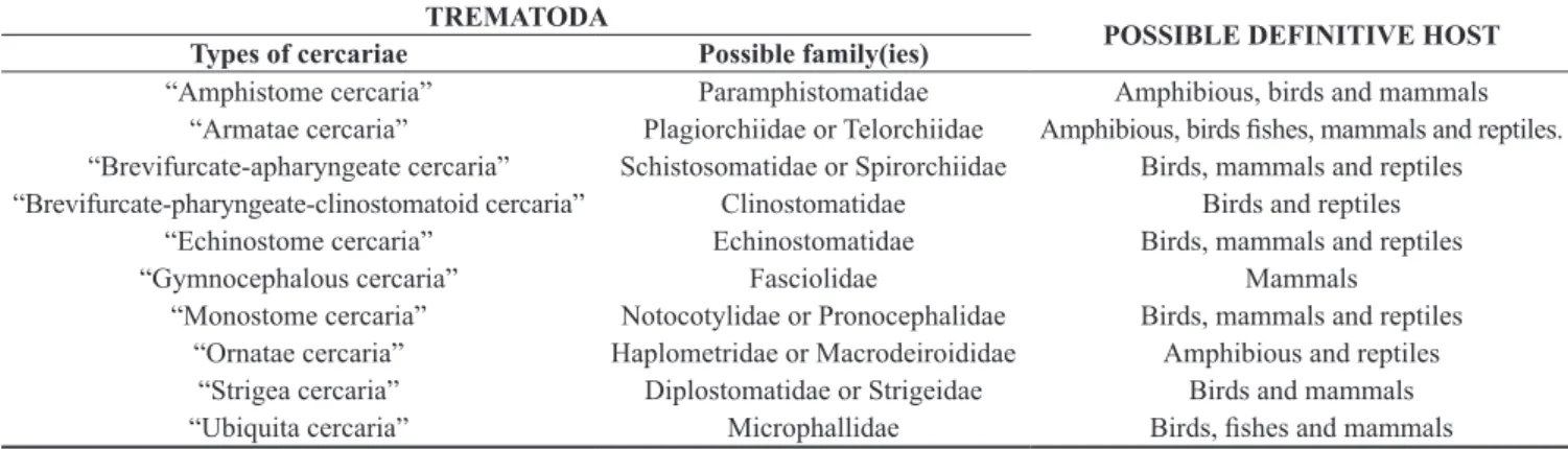 Table 2. Trematode larvae and possible definitive hosts in the Mato Grosso, Brazil.