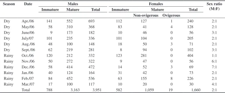 Table 1. Number of Callinectes ornatus Ordway, 1863 collected in northern Rio de Janeiro State considering sex and maturity status, and sex ratio.