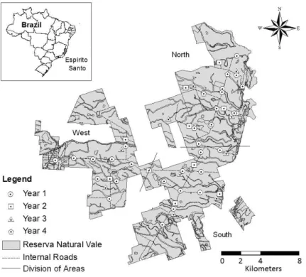 Figure 1. Reserva Natural Vale (Espírito Santo state) and locations of the camera traps in the four different sampling designs (June 2005 to February 2010).