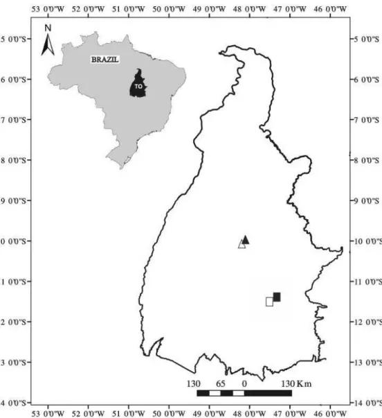 Figure 1. Locations of the Cerrado sensu stricto sites sampled on two types of substrate in Tocantins State, Brazil, pointing out the sites: Cerrado Típico Palmas  (▲),  Cerrado Rupestre  Palmas (∆),  Cerrado Típico  Natividade (■) and  Cerrado Rupestre  N