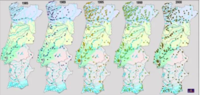 Figura 1: Evolução do número de estações de RQA nas duas últimas décadas (obtido em INAG –  Plano Nacional da Água, (2001))