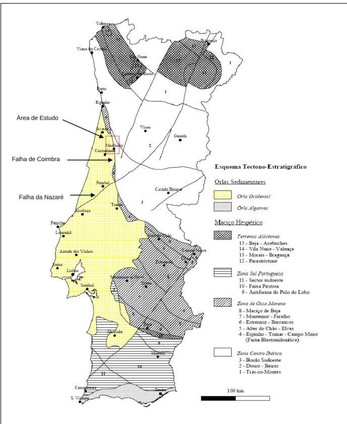 Figura 3: Esquema Tectono-Estratigráfico de Portugal Continental (adaptado da Carta Geológica de  Portugal, escala 1:1 000 000, de 1992, segundo Ferreira, 2000), com enquadramento da área de 