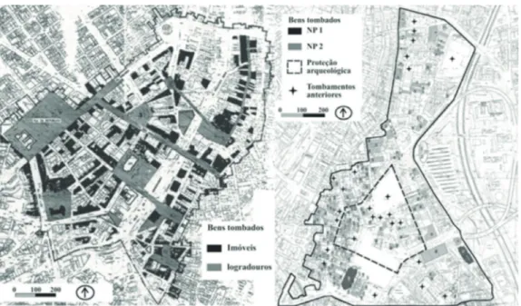 Figure 4. Left: Resolution 37/1992. Vale do Anhangabaú: 293 classified properties (levels  P1, P2 e P3), 9 public sites and 258 properties with level P4 (considered “envelopment  space” with preservation of volumetry and template)