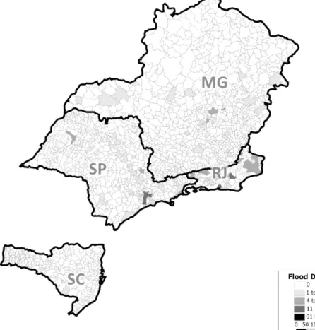 Figure 2: Location of fatal victims of floods in São Paulo, Rio de Janeiro,  Minas Gerais and Santa Catarina