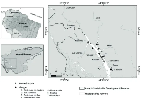 Figure 1. General view of sites occupied by humans in the surroundings of the Amanã  Lake, within the Amanã Sustainable Development Reserve, Amazonas state, Brazil.