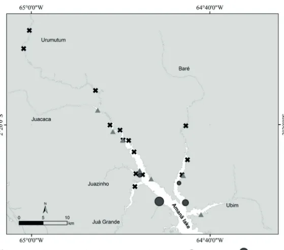 Figure 2. Sites around the Amanã lake, within the Amanã Sustainable Development  Reserve, Amazonas state, Brazil, with negative interactions between humans and giant  river otters (Pteronura brasiliensis), monitored between October 2004 and September 2008.