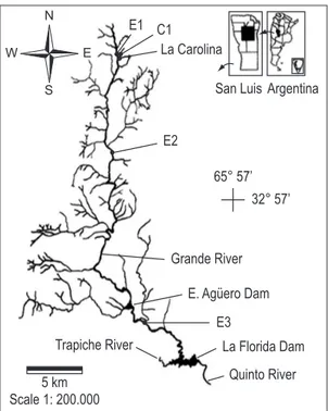 Figure 1. Sub-basin of the Grande River and sampling  sites location. 