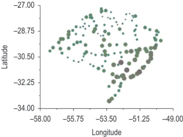 Figure 1.  Distribution of aquatic macrophyte rich- rich-ness in wetlands of Rio Grande do Sul State