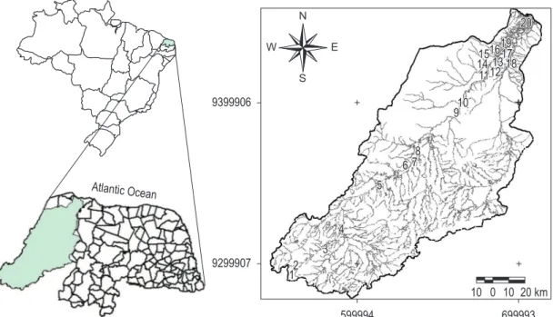 Figure 1. Location and hydrography of the Apodi/Mossoró river basin, RN, Northeast Brazil, with the 20 sam- sam-pling station