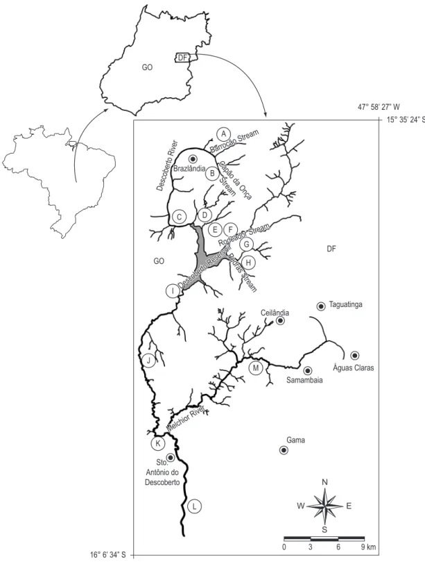 Figure 1. Sampling sites along the Descoberto River Basin (a) Barrocão Stream; b) Capão da Onça Stream; 