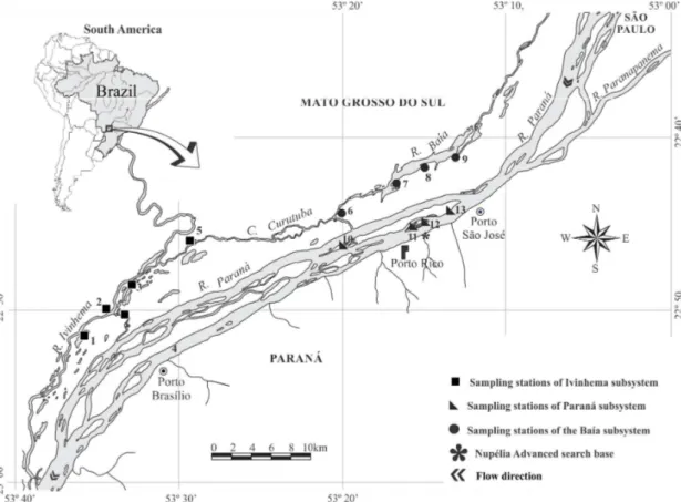 Figure 1. Map of the Upper Paraná River floodpain showing the locations of the 13 isolated floodplain lake sampled: 