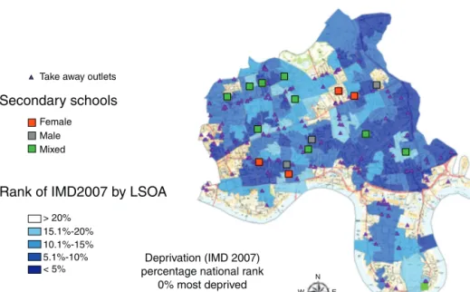 Fig. 2 – Location of FFO and schools in relation to deprivation by lower super output areas (LSOA).