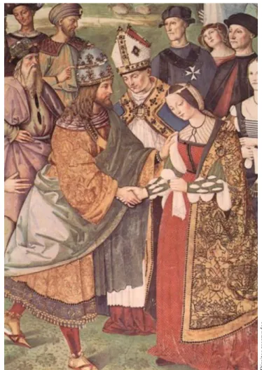 Fig. 2 – Encontro entre Frederico III e D. Leonor. [pormenor do fresco do pintor  Benardino di Betto, dito o Pintoricchio (1454-1513), in Duomo di Siena]