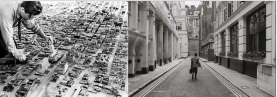 Fig. 1 – A escala urbana e as dificuldades de percepção da cidade enquanto objeto de estudo  (à esquerda, fotografia de maqueta de Los Angeles, 1941, Coleção Tom Zimmerman; à  direita, fotografia de Nicholas Sack, Lost in the City
