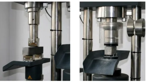 Figure 1 - Left: geopolymer beam subjected to bending. Right: half of the beam exposed to uniaxial compression