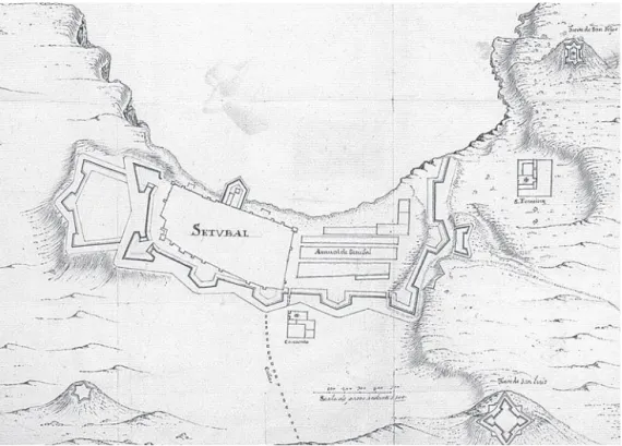 Figura II. Representação cartográfica da vila de Setúbal no século XVII, assinalando-se o arrabalde de  Troino já integrado no perímetro da fortificação abaluartada, bem como a implantação dos conventos  de S