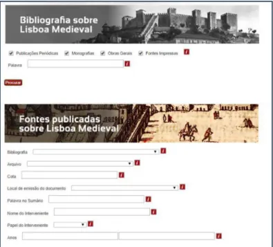Figura 8 Página de acesso às bases de dados Fontes publicadas sobre Lisboa medieval e  Bibliografia sobre Lisboa medieval.