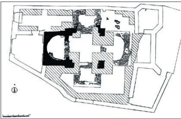 Fig. 12 – León: planta de la iglesia palatina de Palat del Rey, siglo X (MIGUEL HERNÁNDEZ,  Fernando − “Monasterios leoneses en la Edad Media: Palat de Rey y Carracedo”