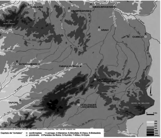 Figura 2 – Mapa das civitates da região da Beira Interior publicado por P. Carvalho, 2009,  p. 36.