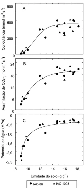 FIG. 3. Variações da condutância estomática (A) da taxa de assimilação de CO 2  (B) e do potencial da água na folha (C), em duas espécies de trigo (trigo normal, IAC-60, e trigo duro, IAC-1003) em relação ao teor de umidade da terra