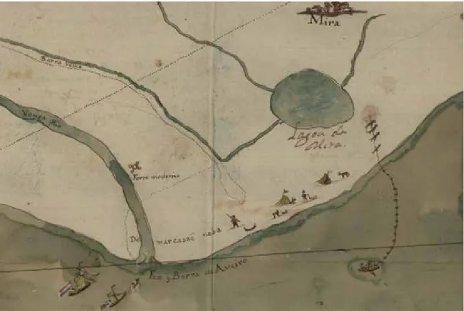 Figure 5. Detail of the 18 th  century map (Pinto, 2011; Arquivo Nacional Torre do Tombo) representing a small vessel towing a  larger one and a ship with a flag on the lagoon entrance – possible signal station aboard the ship.