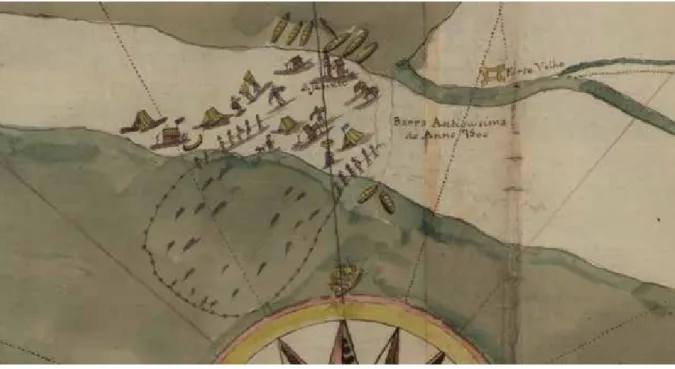 Figure 2. Detail of the 18 th  century map (Pinto, 2011; Arquivo Nacional Torre do Tombo) representing a type of coastal fishing  called arte xávega, and tents (possible seasonal coastal occupations).