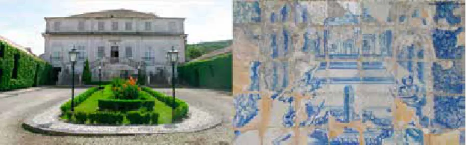 Fig. 3 – Perspetiva da fachada principal, a partir do pátio de entrada / pormenor da  representação do azulejo da casa de fresco da Fonte da Sereia