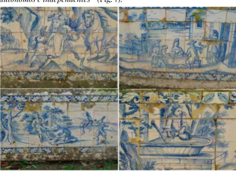 Fig. 6 – Pormenores dos azulejos que revestem os muros do  jardim-terraço – com  cenas alusivas ao quotidiano da vida da Quinta, cenas de ar livre, galanteria, baloiço e  refeição de finais do século XVII (foto das autoras).