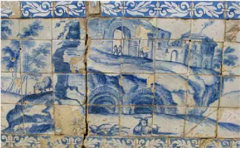 Fig. 1 – Fachada principal e representação da Quinta das Lapas e das grutas, num registo  de azulejo do jardim-terraço (foto das autoras).