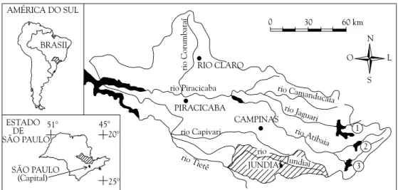Figura 1. Localização da Unidade de Gerenciamento de Recursos Hídricos (UGRHI–5) no Estado de São  Paulo, com destaque para a bacia do rio Jundiaí (os números indicam as represas do Sistema Cantareira: 