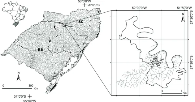 Figure 1. Locations and distribution of the sampling sites within and outside the Mata do Rio Uruguai Teixeira  Soares Municipal Natural Park (PTS), situated in the northern region of the state of Rio Grande Do Sul, Marcelino  Ramos, 2009 (Southern Brazil)