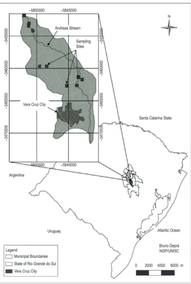 Figure 1. Map of the study area and localization of the Andreas Stream Sub-basin, in the municipality of Vera Cruz,  RS, Brazil.