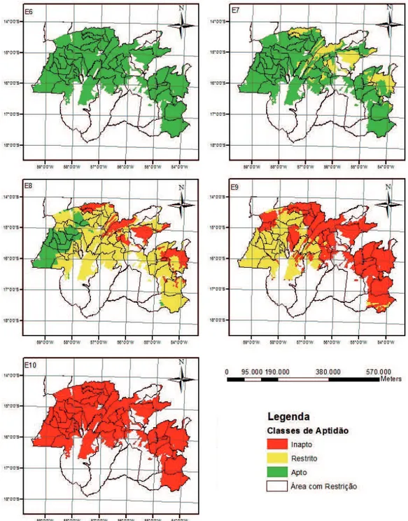 Figura 6. Zoneamento edafoclimático e classes de risco de semeadura do amendoim, para as épocas de semeadura 6 (E6), 7 (E7),  8 (E8), 9 (E9) e 10 (E10), na Bacia do Alto Paraguai (MT), para as classes de ISNA.