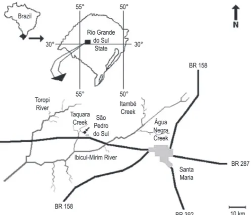 Figure 1. Schematic representation of the location of the Passo Taquara stream in the central region of the Rio  Grande do Sul state, Brazil.